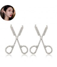 Shining Rhinestone Scissors Design Korean Fashion Women Stud Earrings - Silver