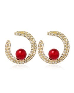 Rhinestone and Artificial Pearl Glistening Fashion Women Hoop Stud Earrings - Red