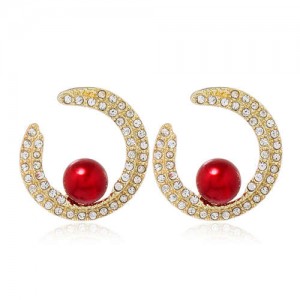 Rhinestone and Artificial Pearl Glistening Fashion Women Hoop Stud Earrings - Red
