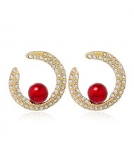 Rhinestone and Artificial Pearl Glistening Fashion Women Hoop Stud Earrings - Red