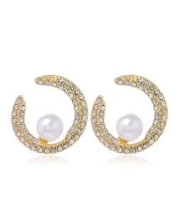 Rhinestone and Artificial Pearl Glistening Fashion Women Hoop Stud Earrings - White