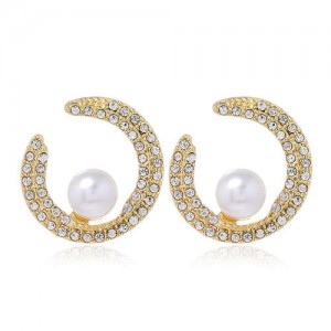 Rhinestone and Artificial Pearl Glistening Fashion Women Hoop Stud Earrings - White