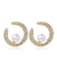 Rhinestone and Artificial Pearl Glistening Fashion Women Hoop Stud Earrings - White