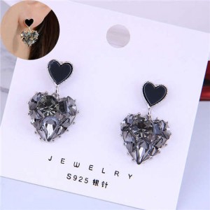 Czech Rhinestone Gray Heart High Fashion Women Statement Earrings