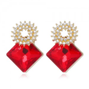 Rhinestone and Glass Drill Sqaure Floral Design High Fashion Women Alloy Stud Earrings - Red