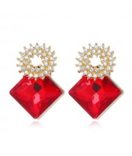 Rhinestone and Glass Drill Sqaure Floral Design High Fashion Women Alloy Stud Earrings - Red