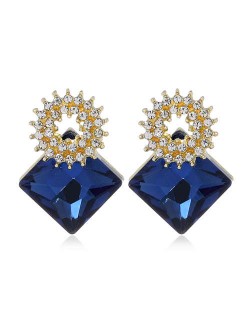 Rhinestone and Glass Drill Sqaure Floral Design High Fashion Women Alloy Stud Earrings - Blue