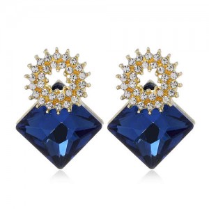 Rhinestone and Glass Drill Sqaure Floral Design High Fashion Women Alloy Stud Earrings - Blue