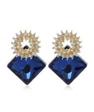 Rhinestone and Glass Drill Sqaure Floral Design High Fashion Women Alloy Stud Earrings - Blue