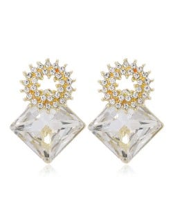 Rhinestone and Glass Drill Sqaure Floral Design High Fashion Women Alloy Stud Earrings - White