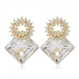 Rhinestone and Glass Drill Sqaure Floral Design High Fashion Women Alloy Stud Earrings - White