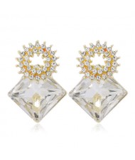 Rhinestone and Glass Drill Sqaure Floral Design High Fashion Women Alloy Stud Earrings - White