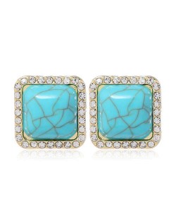 Rhinestone Rimmed Resin Gem Inlaid Simple Fashion Women Costume Stud Earrings - Blue
