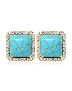 Rhinestone Rimmed Resin Gem Inlaid Simple Fashion Women Costume Stud Earrings - Blue