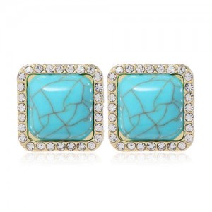 Rhinestone Rimmed Resin Gem Inlaid Simple Fashion Women Costume Stud Earrings - Blue