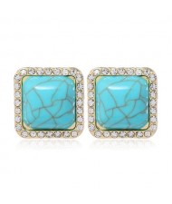 Rhinestone Rimmed Resin Gem Inlaid Simple Fashion Women Costume Stud Earrings - Blue