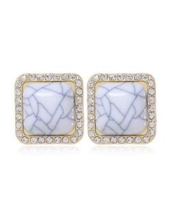 Rhinestone Rimmed Resin Gem Inlaid Simple Fashion Women Costume Stud Earrings - White