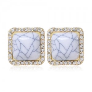 Rhinestone Rimmed Resin Gem Inlaid Simple Fashion Women Costume Stud Earrings - White