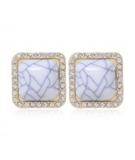 Rhinestone Rimmed Resin Gem Inlaid Simple Fashion Women Costume Stud Earrings - White
