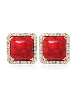 Rhinestone Rimmed Resin Gem Inlaid Simple Fashion Women Costume Stud Earrings - Red