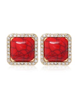 Rhinestone Rimmed Resin Gem Inlaid Simple Fashion Women Costume Stud Earrings - Red