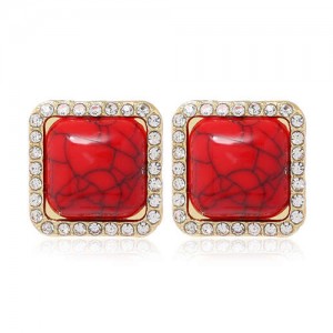 Rhinestone Rimmed Resin Gem Inlaid Simple Fashion Women Costume Stud Earrings - Red