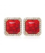 Rhinestone Rimmed Resin Gem Inlaid Simple Fashion Women Costume Stud Earrings - Red