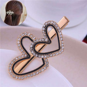 Rhinestone Twin Hearts Design Korean Fashion Alloy Women Hair Barrette