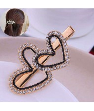 Rhinestone Twin Hearts Design Korean Fashion Alloy Women Hair Barrette