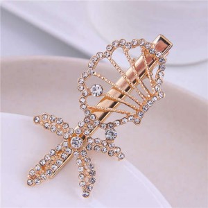 Rhinestone Embellished Starfish and Seashell Combo Design Korean Fashion Women Alloy Hair Barrette
