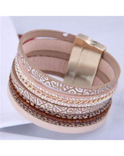 Chains and Leather Combo Design Bold Wide Fashion Women Magnetic Bracelet - Brown