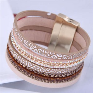 Chains and Leather Combo Design Bold Wide Fashion Women Magnetic Bracelet - Brown