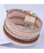 Chains and Leather Combo Design Bold Wide Fashion Women Magnetic Bracelet - Brown