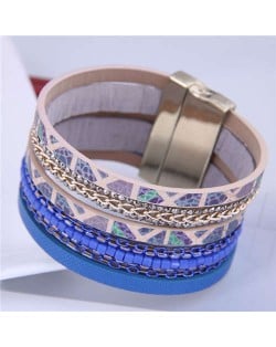 Chains and Leather Combo Design Bold Wide Fashion Women Magnetic Bracelet - Blue
