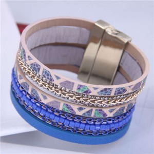 Chains and Leather Combo Design Bold Wide Fashion Women Magnetic Bracelet - Blue