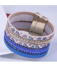 Chains and Leather Combo Design Bold Wide Fashion Women Magnetic Bracelet - Blue