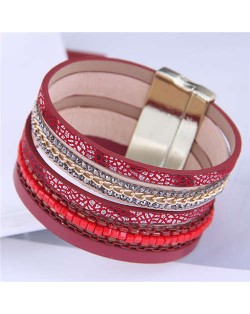 Chains and Leather Combo Design Bold Wide Fashion Women Magnetic Bracelet - Red