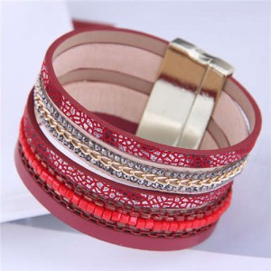 Chains and Leather Combo Design Bold Wide Fashion Women Magnetic Bracelet - Red