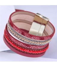 Chains and Leather Combo Design Bold Wide Fashion Women Magnetic Bracelet - Red