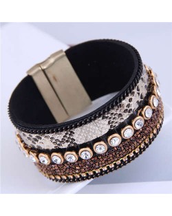 Beads and Rhinestone Embellished Leather Texture Wide Magnetic Bracelet - Mixed Color