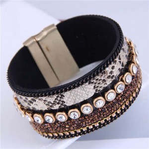 Beads and Rhinestone Embellished Leather Texture Wide Magnetic Bracelet - Mixed Color