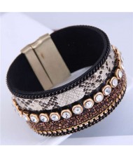 Beads and Rhinestone Embellished Leather Texture Wide Magnetic Bracelet - Mixed Color