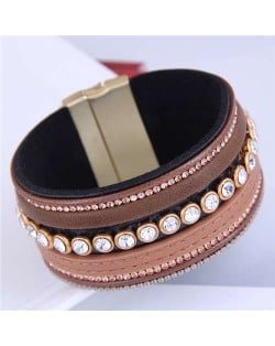 Beads and Rhinestone Embellished Leather Texture Wide Magnetic Bracelet - Brown