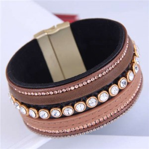 Beads and Rhinestone Embellished Leather Texture Wide Magnetic Bracelet - Brown
