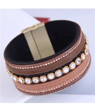Beads and Rhinestone Embellished Leather Texture Wide Magnetic Bracelet - Brown