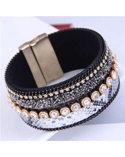 Beads and Rhinestone Embellished Leather Texture Wide Magnetic Bracelet - White