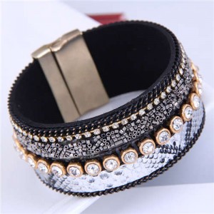 Beads and Rhinestone Embellished Leather Texture Wide Magnetic Bracelet - White