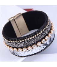 Beads and Rhinestone Embellished Leather Texture Wide Magnetic Bracelet - White