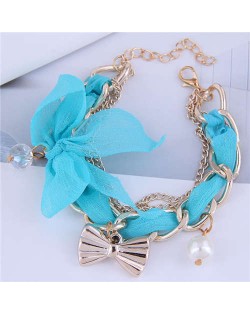 Korean Fashion Beads and Golden Bowknot Pendants Lace and Alloy Chain Mixed Women Bracelet - Blue