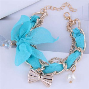 Korean Fashion Beads and Golden Bowknot Pendants Lace and Alloy Chain Mixed Women Bracelet - Blue